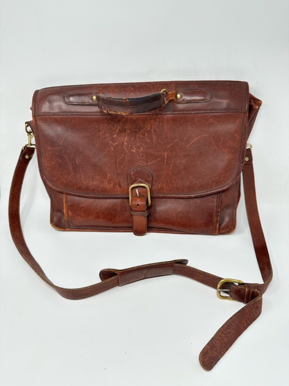 Vintage Aston New York Thick Brown Leather Messenger Bag Made In U.S.A